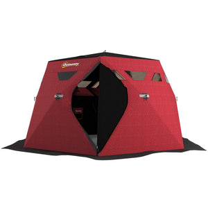Insulated ice fishing shelter for 4 people, foldable with carry bag and two doors for temperatures down to -30°C, red