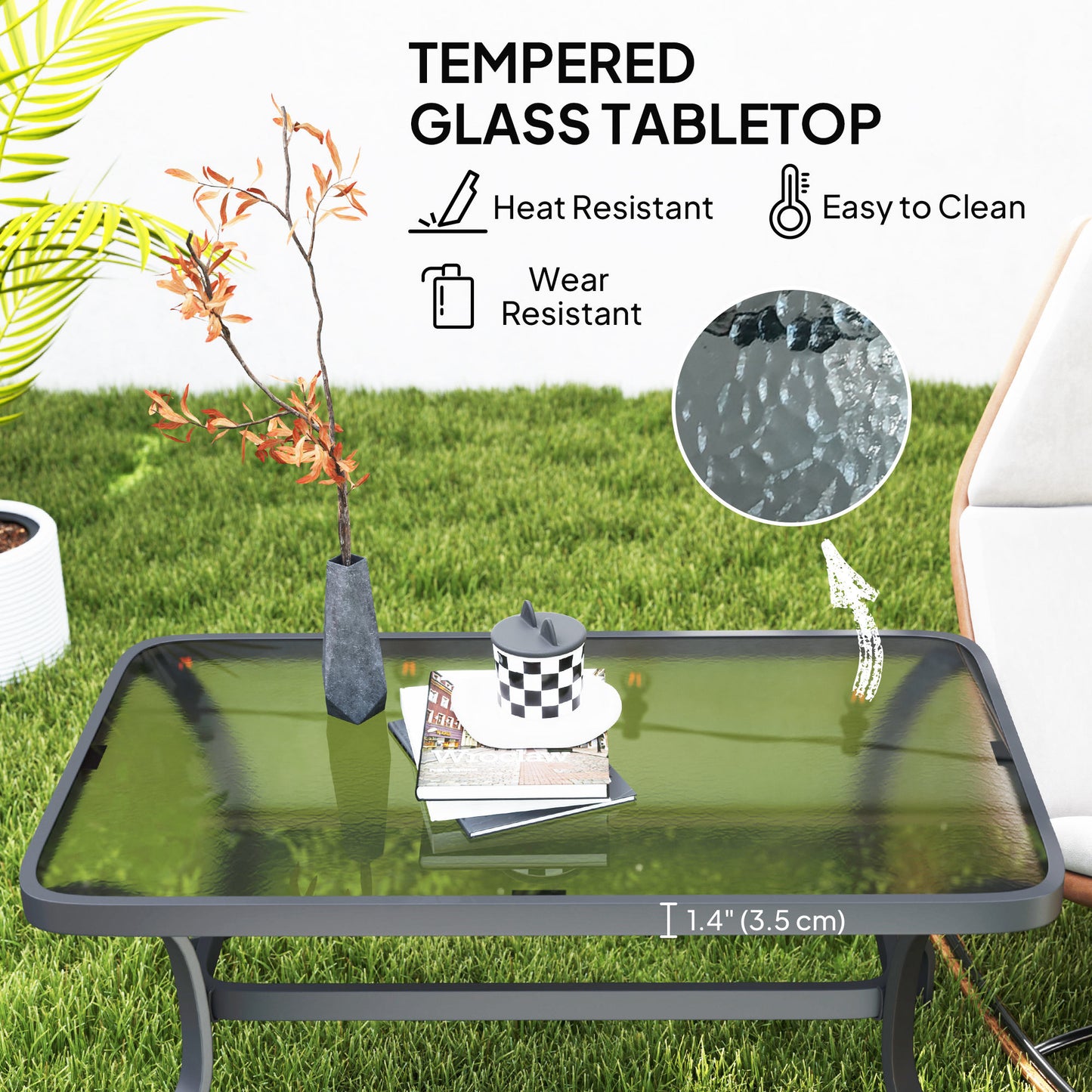 Table basse de patio avec plateau en verre trempé et cadre en métal, noire