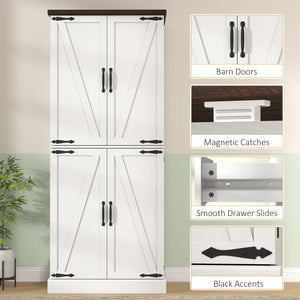 Armoire de cuisine de 183 cm de haut, style ferme, avec 8 portes et étagères réglables, blanche.