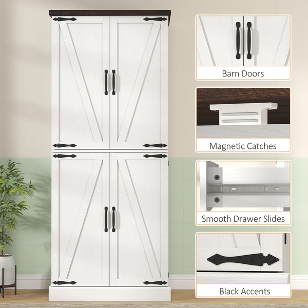 Armoire de cuisine de 183 cm de haut, style ferme, avec 8 portes et étagères réglables, blanche.