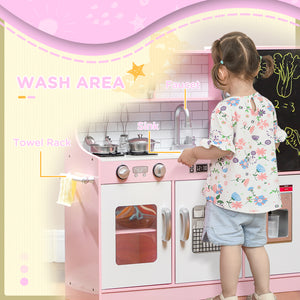 Cuisine enfant avec tableau noir, machine à glaçons, téléphone, évier et micro-ondes, rose
