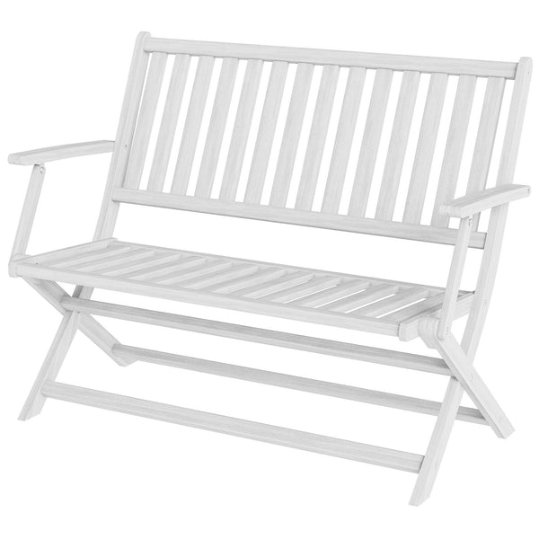 Banc d'extérieur pliable en bois avec dossier et accoudoirs, blanc