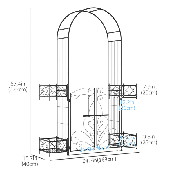 Arche de jardin en métal avec portail et 4 jardinières