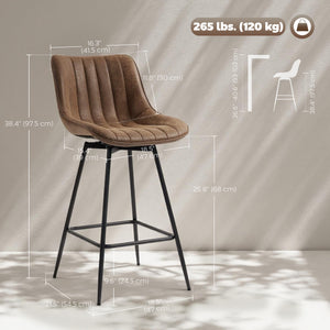 Set of 2 counter-height bar stools, upholstered in PU leather, with backrest, footrest and steel legs, brown