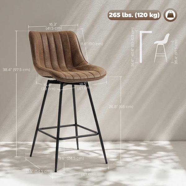 Set of 2 counter-height bar stools, upholstered in PU leather, with backrest, footrest and steel legs, brown