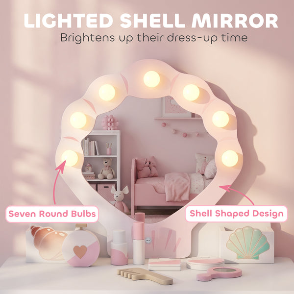 Coiffeuse pour enfant avec miroir lumineux, tabouret et 7 accessoires, rose