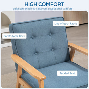 Fauteuil d'appoint moderne en tissu avec dossier capitonné et pieds en bois, bleu