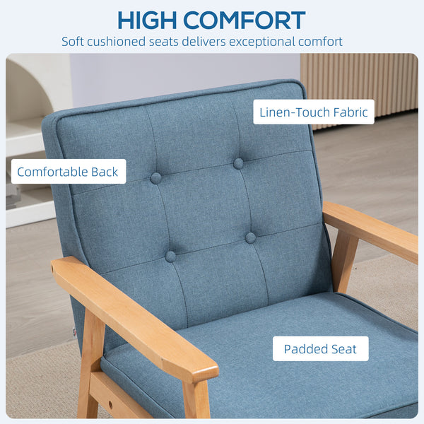 Fauteuil d'appoint moderne en tissu avec dossier capitonné et pieds en bois, bleu