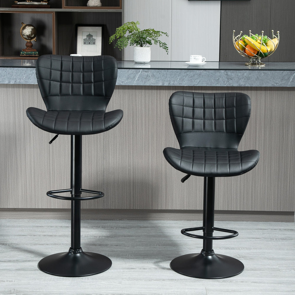 Set of 2 PU leather-covered bar stools with wide seats, black