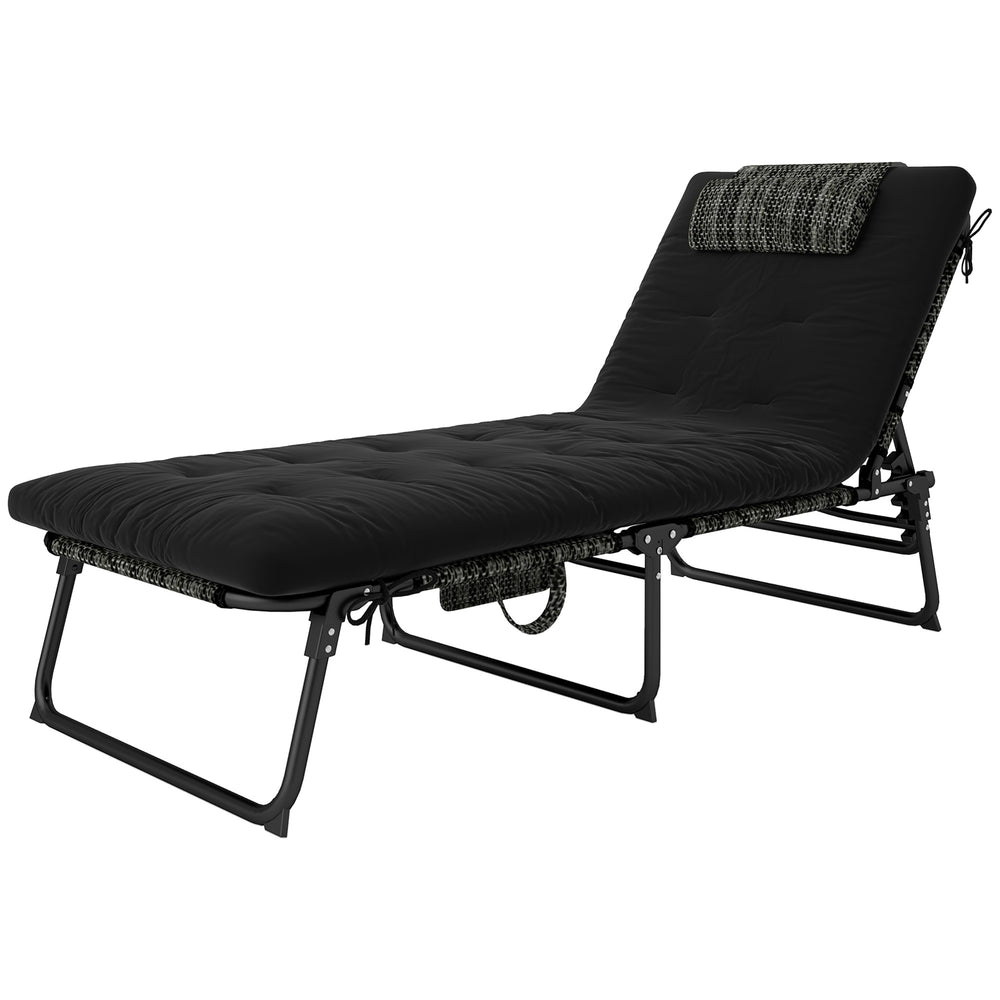 Chaise longue pliante noire avec dossier inclinable à 4 niveaux et coussin – idéale pour terrasse, jardin ou piscine