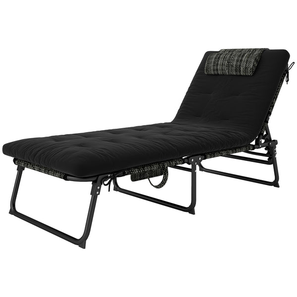 Chaise longue pliante avec dossier inclinable à 4 niveaux et coussin, noir