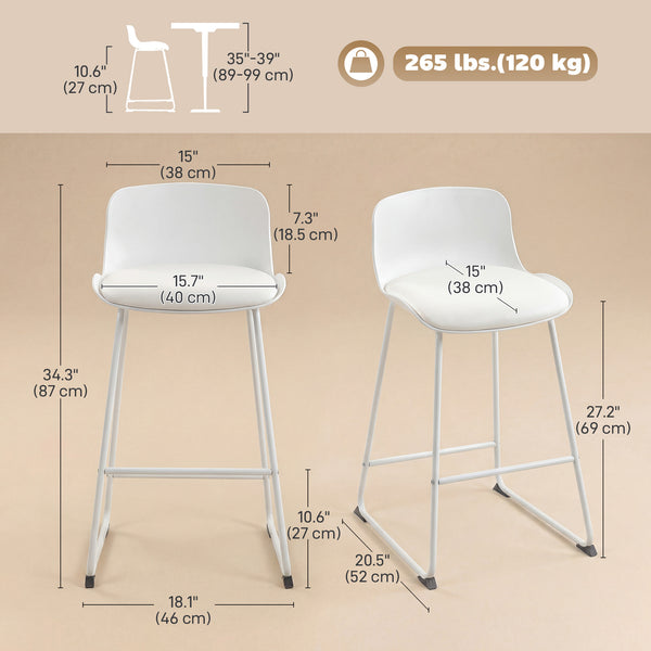 Ensemble de 2 tabourets de bar modernes en similicuir, hauteur comptoir, blanc.