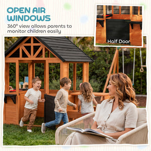 Maisonnette en bois pour enfants de 3 à 8 ans, avec table, bancs, évier, fenêtres et supports pour pots de fleurs, couleur marron.