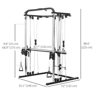 Machine à squat 3 en 1 avec système de câbles croisés, station de traction, rack à squats à 16 niveaux et barre d'haltères