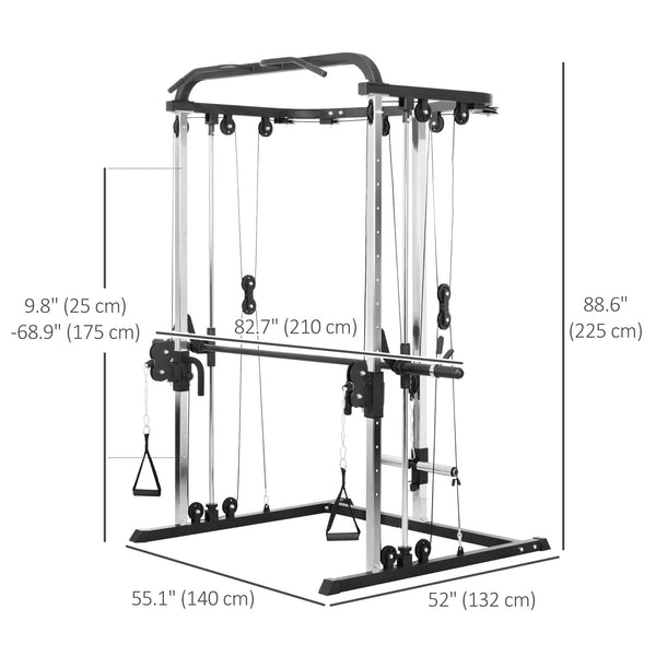 Machine à squat 3 en 1 avec système de câbles croisés, station de traction, rack à squats à 16 niveaux et barre d'haltères