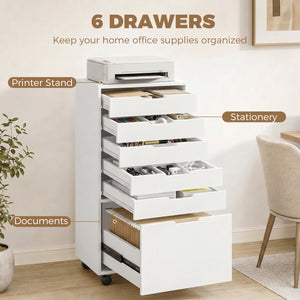 Mobile Printer Stand with 6 Drawers on Wheels for Home Office, White