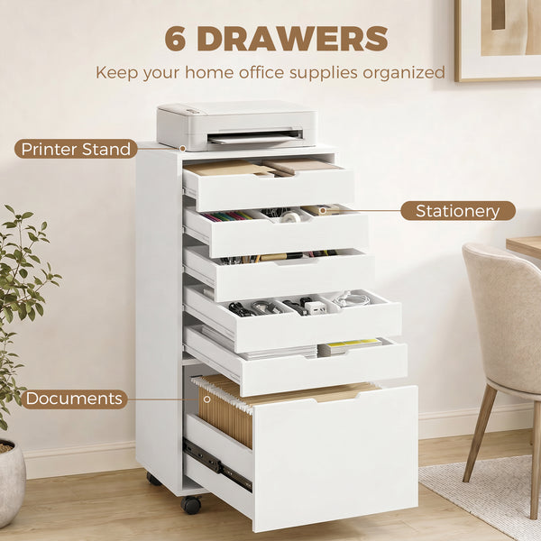 Mobile Printer Stand with 6 Drawers on Wheels for Home Office, White