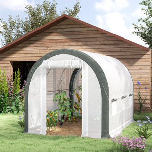 Tunnel greenhouse with mesh door and windows, white