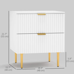 Table de chevet moderne avec 2 tiroirs, pieds en métal pour salon, chambre, blanc