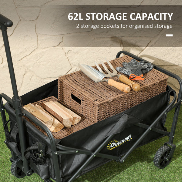 Chariot de jardin pliable avec roues universelles et poignée réglable, noir.