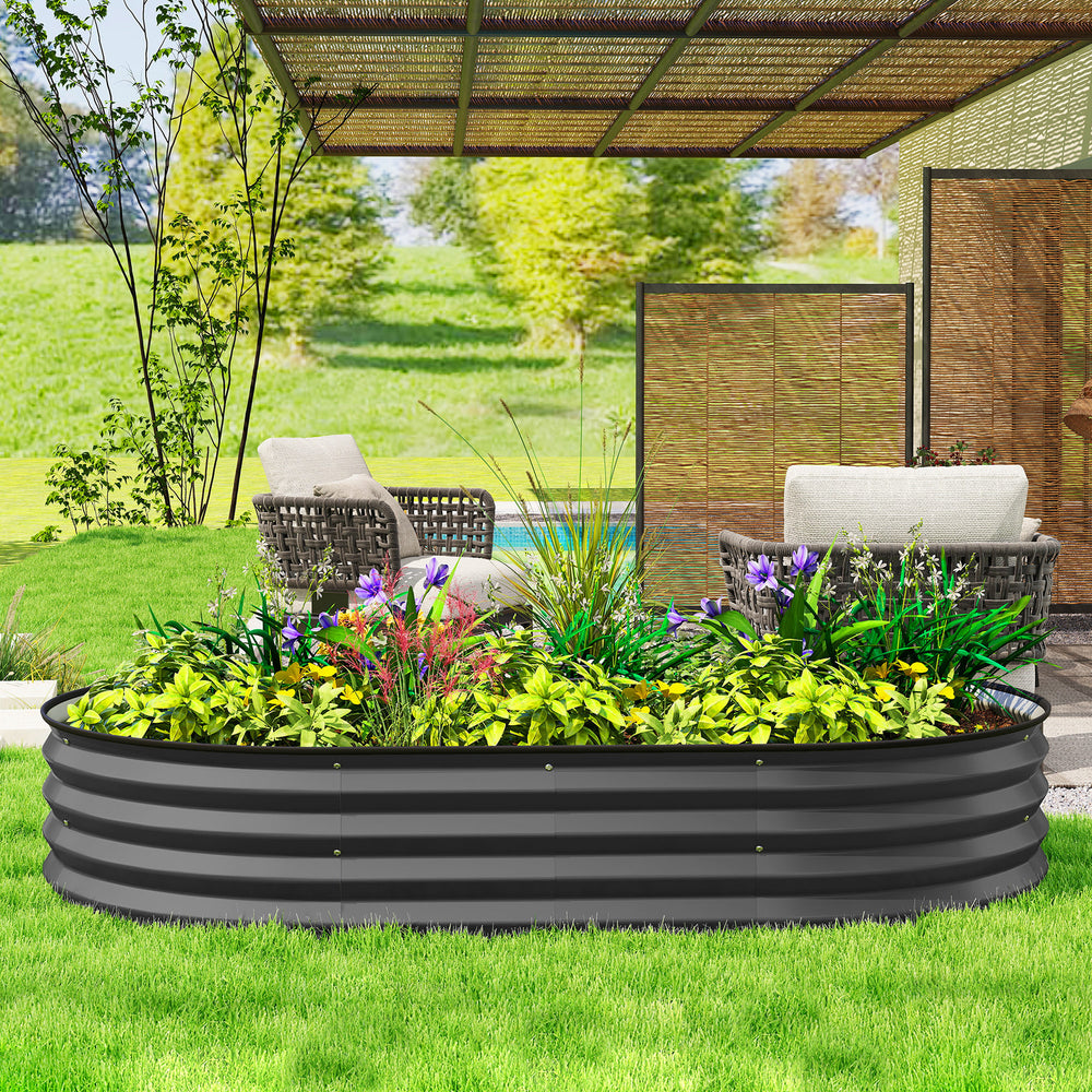 Raised outdoor planter in galvanized steel with metal support, dark grey