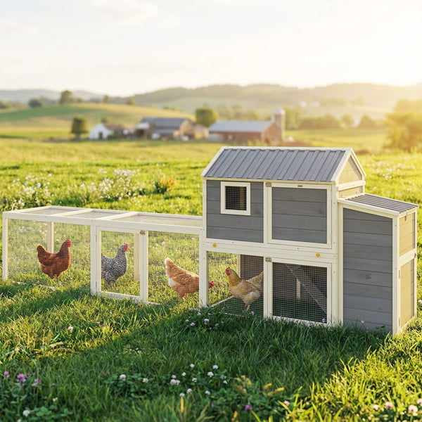 Large wooden chicken coop with run, nesting box, pull-out tray, waterproof roof, and access ramp.