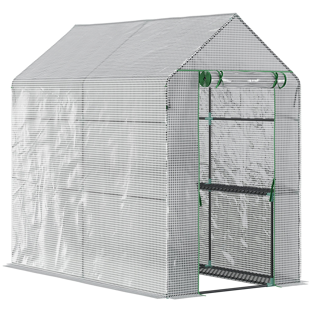 Portable garden greenhouse with roll-up door and 4 shelves, white