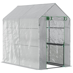 Portable garden greenhouse with roll-up door and 4 shelves, white