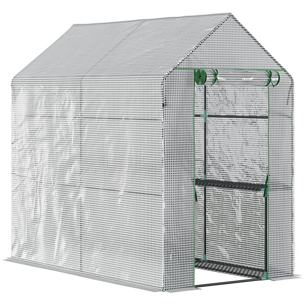 Portable garden greenhouse with roll-up door and 4 shelves, white