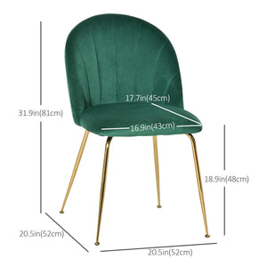 Set of 2 upholstered chairs with gold metal legs, green 