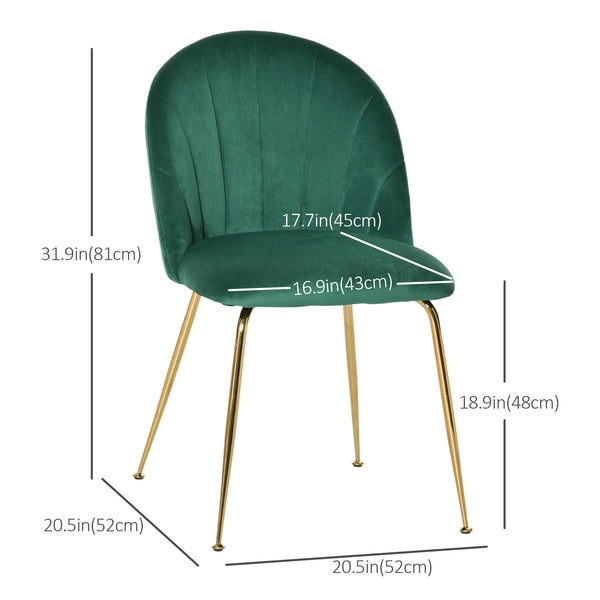 Set of 2 upholstered chairs with gold metal legs, green 