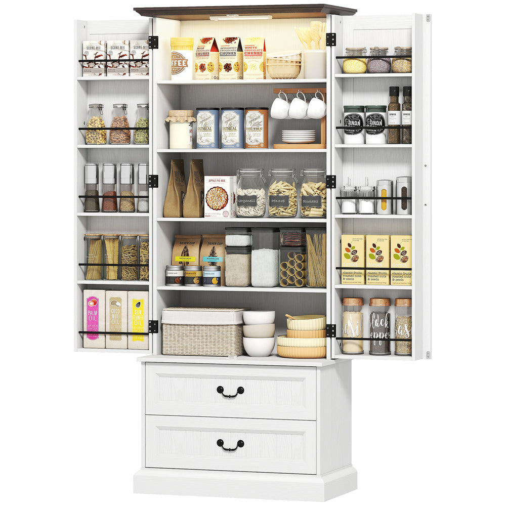 Buffet avec 10 étagères de porte, 2 tiroirs et étagères réglables, blanc