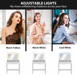 Coiffeuse avec miroir à éclairage LED, station de charge et tiroirs, blanche