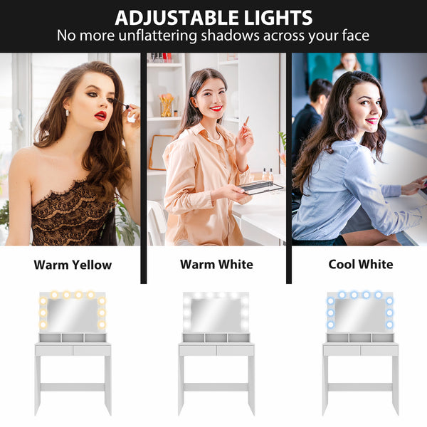 Coiffeuse avec miroir à éclairage LED, station de charge et tiroirs, blanche
