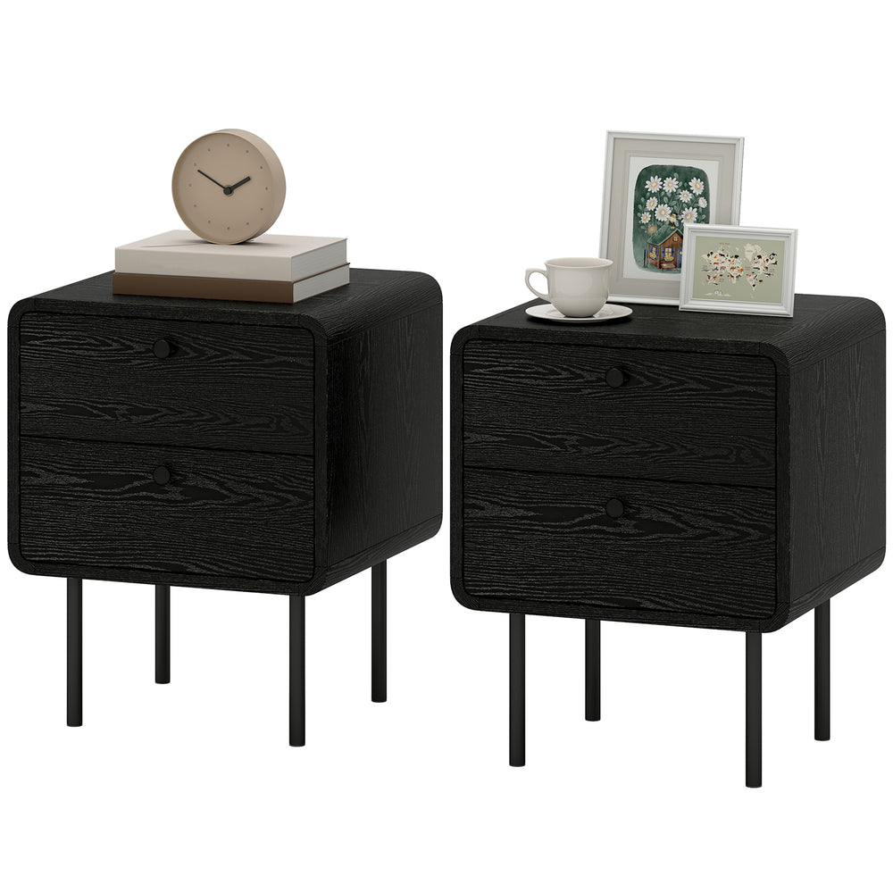 Set of 2 bedside tables with 2 storage drawers and steel legs, black wood finish.