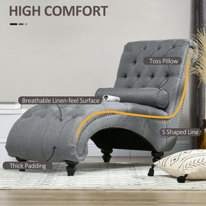 Chaise longue capitonnée à boutons rembourrée avec pieds en bois, gris