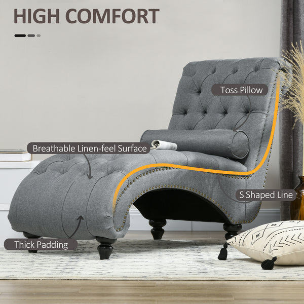Chaise longue capitonnée à boutons rembourrée avec pieds en bois, gris