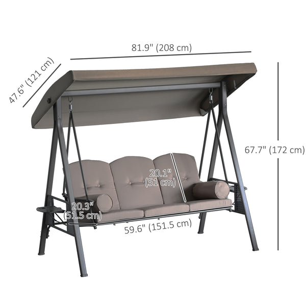 3 Seater Porch Swing Heavy Duty Outdoor Swing Chair Outdoor Lounge Hammock Cushioned Seat W/ Tilt Canopy, Brown