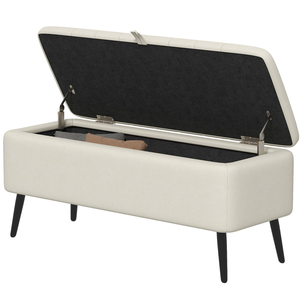 Pouf avec rangement rembourré en lin avec pieds en acier, blanc crème