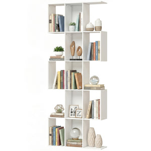 Bibliothèque à 5 niveaux en forme de S avec 15 compartiments, aspect bois blanc