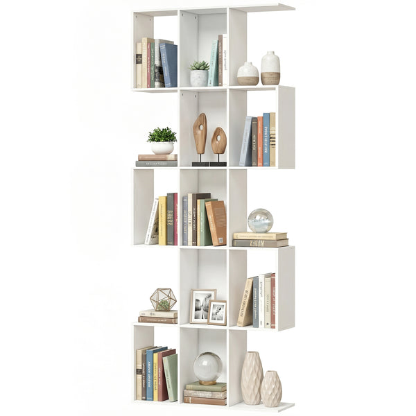 Bibliothèque à 5 niveaux en forme de S avec 15 compartiments, aspect bois blanc