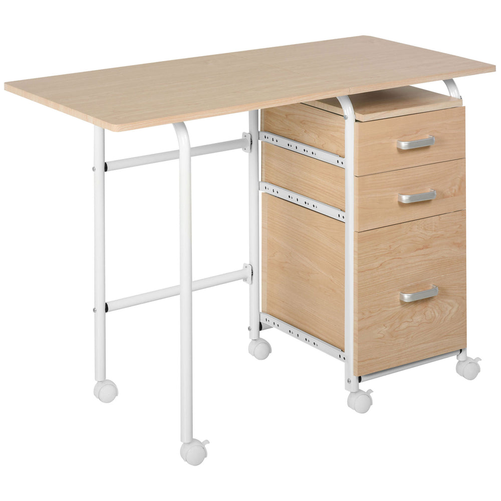 Bureau d'ordinateur pliable avec tiroirs et étagère de rangement, bois naturel