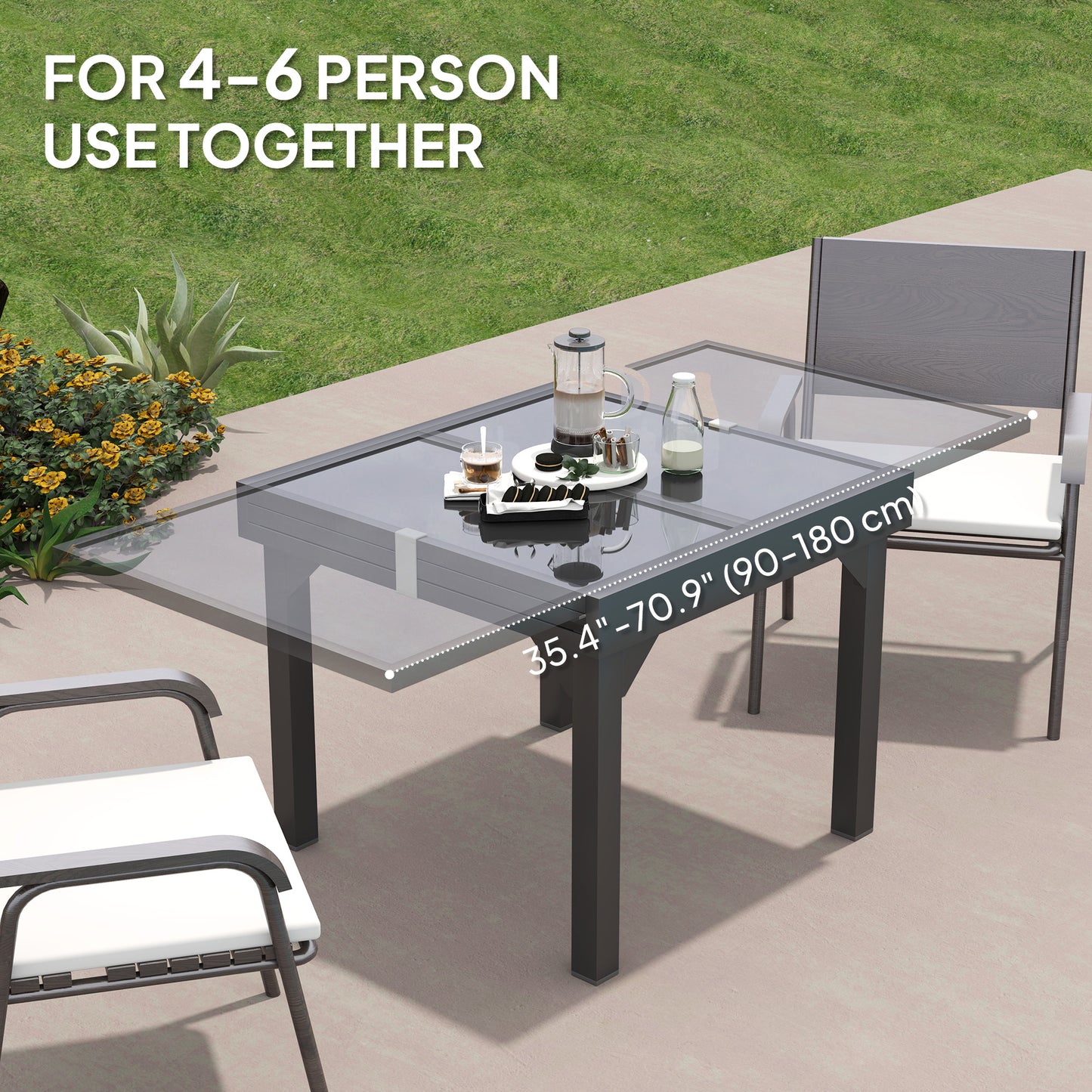 Outsunny 89-180cm Extendable Outdoor Table with Tempered Glass Top and Metal Frame, Seats 4-6 People, for Lawn, Garden and Backyard.