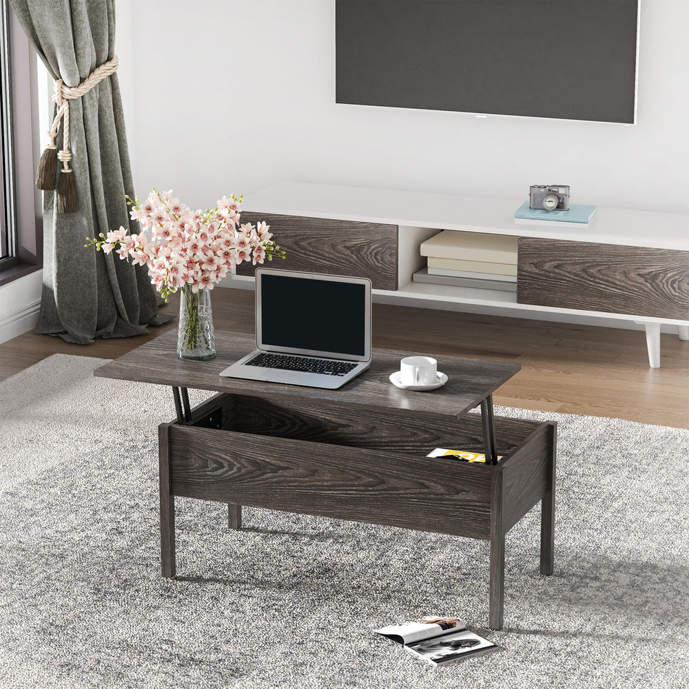 Table basse moderne avec plateau relevable et compartiment de rangement dissimulé, gris