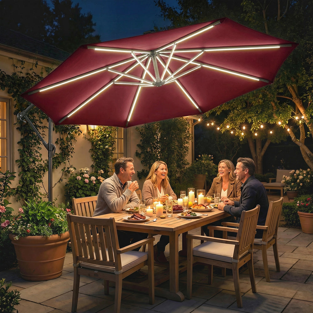 3m Cantilever Parasol with Solar LED Lighting, 360° Rotation, Tilt and Protective Cover, Burgundy