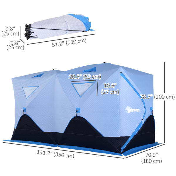 Insulated ice fishing shelter for 8 people with ventilation windows and carry bag, for temperatures down to -30°C, blue