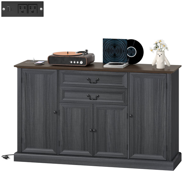 Buffet style ferme avec station de recharge et plateau épais avec 2 tiroirs à fermeture douce, gris/noir