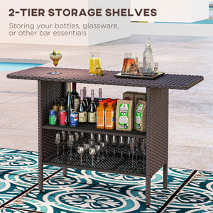 Table de bar d'extérieur en rotin avec 2 étagères de rangement, marron