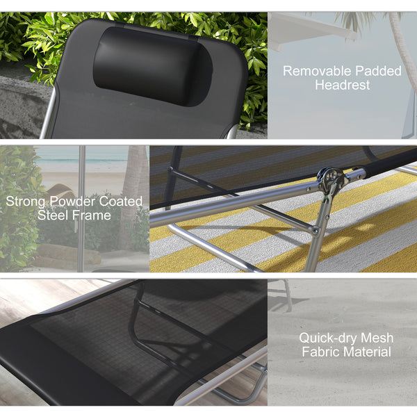 Folding Outdoor Lounge Chair Set of 2, Reclining Tanning Chair with 5-Position Adjustable Backrest, Black