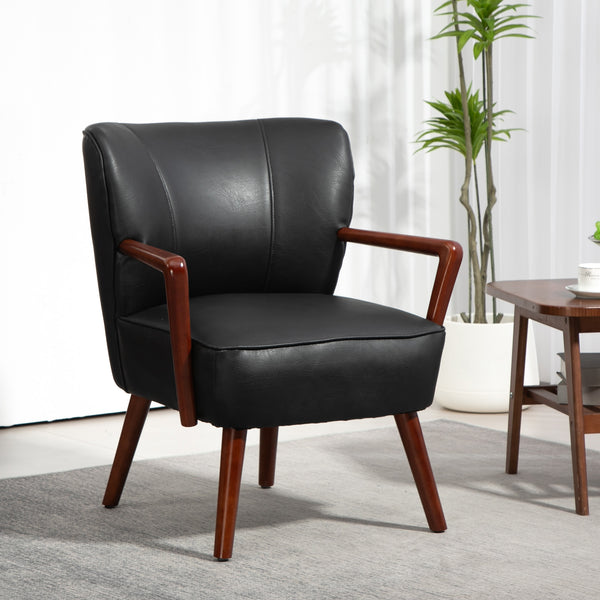 Fauteuil d'appoint rembourré en similicuir avec pieds en bois et large assise, noir